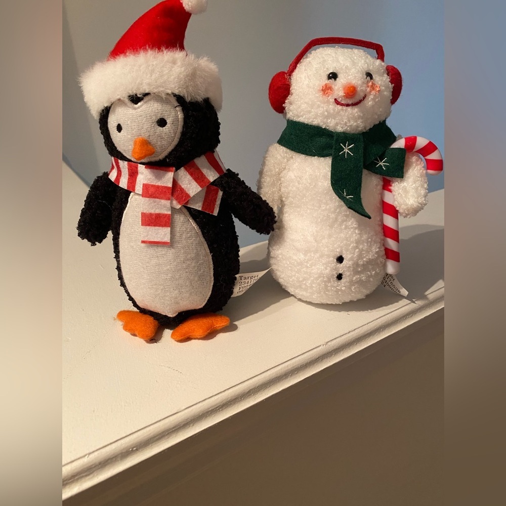 Penguin and Snowman Plush Set with Santa Hat and Candy Cane New